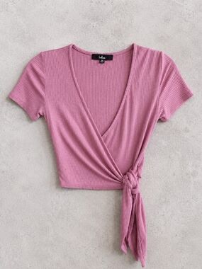 Lulus Dusty Rose Ribbed Wrap Tie Crop Top Size XS